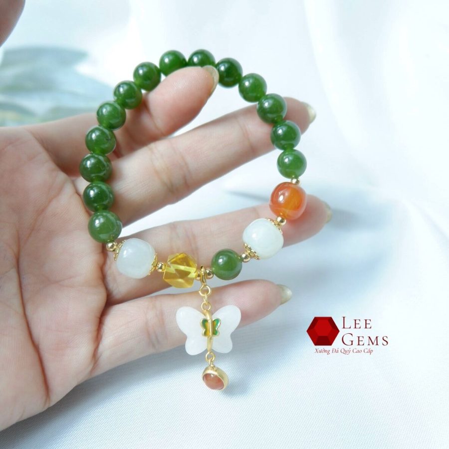 Vòng tay Ngọc Bích tự nhiên kết hợp charm cực xinh size 08li