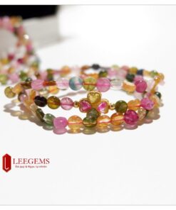 Chuỗi đá Tourmaline dưa hấu hạt dẹt Charm cỏ 4 lá - Đeo 03 vòng tay size 06 li dành cho nữ tất các mệnh