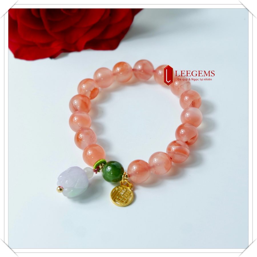 Vòng tay đá Nam Hồng mix charm sen Ngọc Jade size 10 li dành cho nữ mệnh Thổ và mệnh Hoả - Ảnh 7