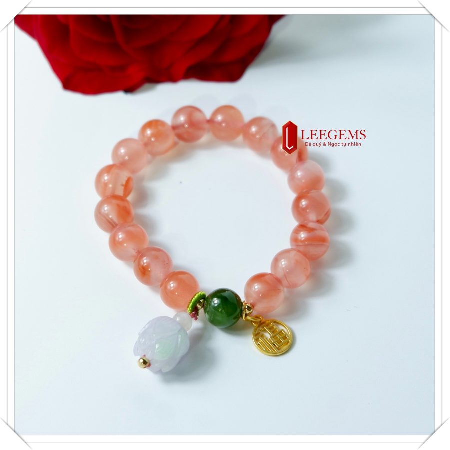 Vòng tay đá Nam Hồng mix charm sen Ngọc Jade size 10 li dành cho nữ mệnh Thổ và mệnh Hoả - Ảnh 4