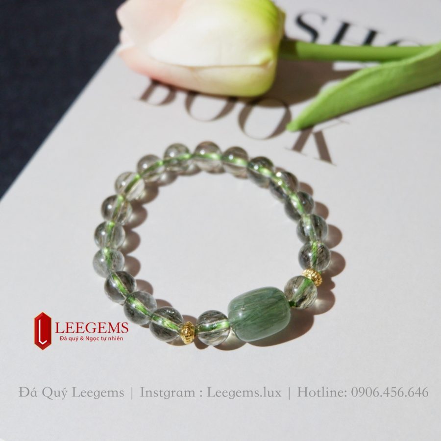 Vòng tay Đá Thạch Anh titan tóc xanh phối charm lu thống dành cho nữ mệnh Mộc - mệnh Hỏa