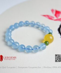 Vòng tay đá Aquamarine mix charm hổ phách mật lạp size 08 09 li dành cho nữ mệnh Thuỷ