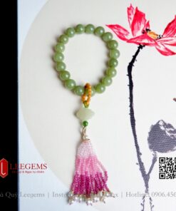 Vòng tay Ngọc hoà điền xanh mix charm tua rua đa sắc size 10li dành cho nữ không kén mệnh