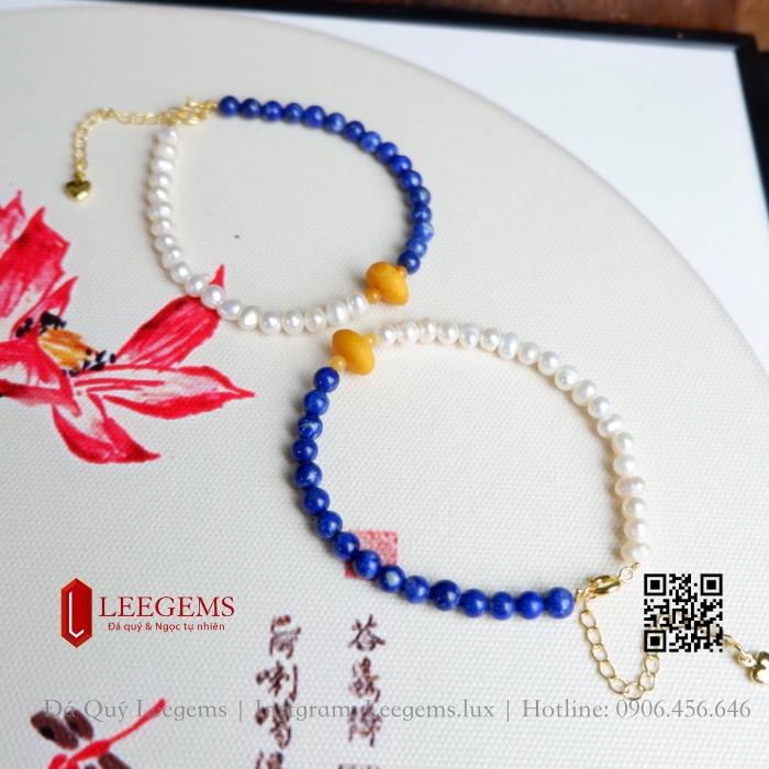 Lắc tay đá Lapis mix Ngọc trai và hổ phách mật lạp dành cho nữ không kén mệnh - Ảnh 2