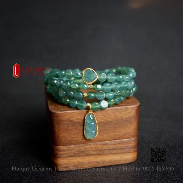 Chuỗi vòng tay Ngọc lam lép mix charm trái tim cùng hạt đậu phú quý dành cho nữ không kén mệnh - Ảnh 5