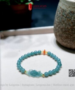 Lắc tay Ngọc lam mix charm hoa sen dài size 06li dành cho nữ tất cả các mệnh