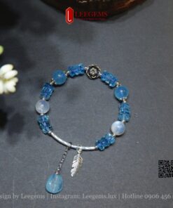 <Hàng thiết kế> Lắc tay đá Aquamarine cắt giác mix đá moonstone và charm bạc 925 dành cho nữ mệnh Thủy -Kim
