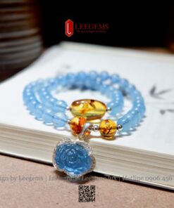 Chuỗi Đá Aquamarine Quấn 2 Vòng Mix Lu Thống Hổ Phách & Charm Hoa Aqua Bạc – Thanh Khiết, May Mắn & Bình An - Ảnh 4