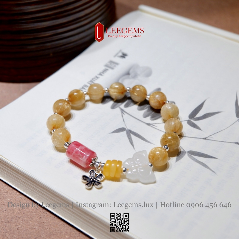 Vòng Tay Thạch Anh Tóc Vàng 9li Mix Bạch Ngọc, Đá Đào Hoa & Charm Bạc – Quyền Quý, May Mắn & Tình Duyên - Ảnh 3