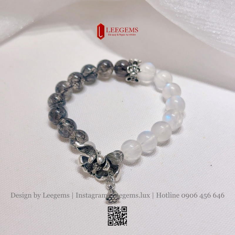 Vòng Tay Thạch Anh Tóc Đen Vip Mix Moonstone – Huyền Bí & Bình An | Leegems
