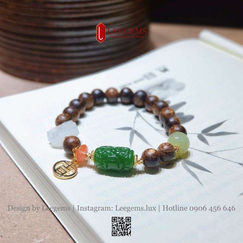 Vòng Tay Trầm Hương 8li Mix Charm Ngọc – Quyền Quý, Bình An & Phong Thủy May Mắn