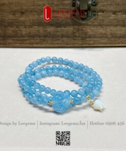 Chuỗi Vòng Tay Đá Aquamarine mix Hồ Ly & Charm Hoa Tulip – May mắn, tình duyên & bình an cho nàng mệnh Mộc – Thủy | Leegems