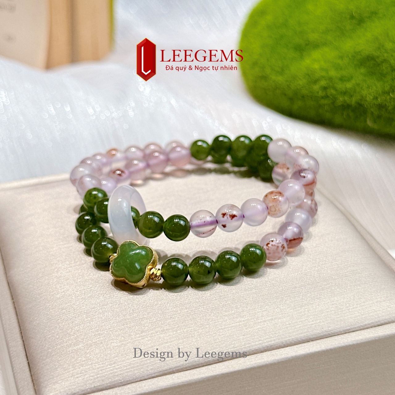 Chuỗi quấn 2 vòng Ngọc Bích mix đá Agate Chu Sa & Charm – Size 6 li – Hợp tất cả mệnh I Leegems