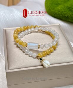 Chuỗi vòng tay đá Mắt Hổ Vàng Tâm mix Moonstone – size 6 li – quấn 2 vòng – hợp mệnh Kim | Leegems