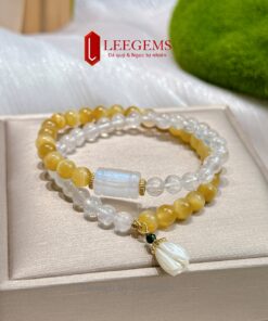 Chuỗi vòng tay đá Mắt Hổ Vàng Tâm mix Moonstone – size 6 li – quấn 2 vòng – hợp mệnh Kim | Leegems - Ảnh 3