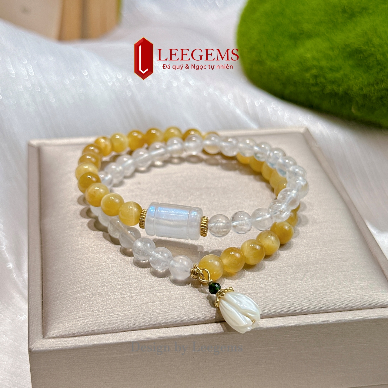 Chuỗi vòng tay đá Mắt Hổ Vàng Tâm mix Moonstone – size 6 li – quấn 2 vòng – hợp mệnh Kim | Leegems - Ảnh 3