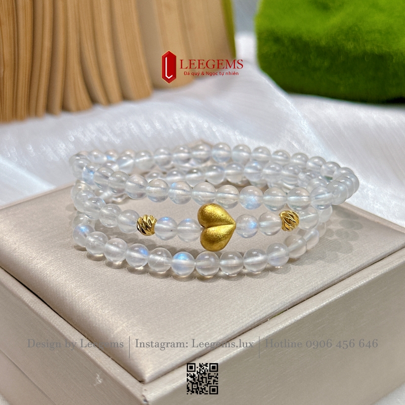 Chuỗi Vòng Tay Moonstone Tự Nhiên Mix Charm Trái Tim Vàng S925 – Size 6 mm – Quấn 3 Vòng Hợp mệnh Kim & Thủy I Leegems - Ảnh 7