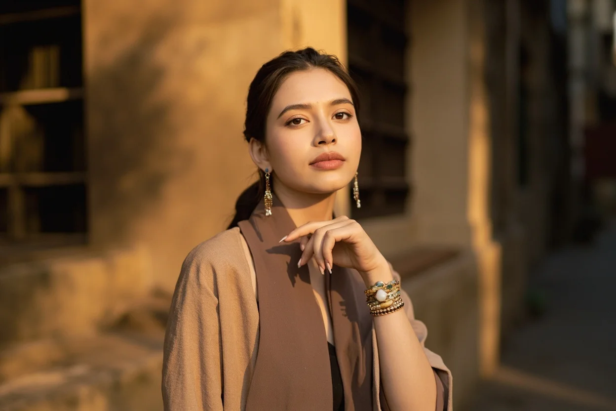 Phụ nữ Việt Nam đeo vòng tay đá mắt hổ trên cổ tay, chụp ngoài trời ở phố - Đá Mắt Hổ - cổ Hà Nội với ánh sáng vàng ấm, biểu cảm tự nhiên, phong cách sống động