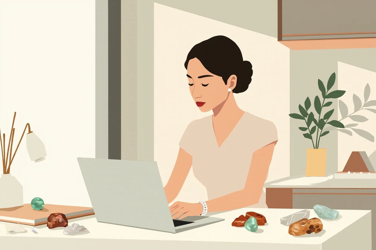 Phụ nữ Việt Nam đeo vòng tay Ngọc Hòa - Ngọc Hòa Điền - Điền làm việc tại bàn văn phòng